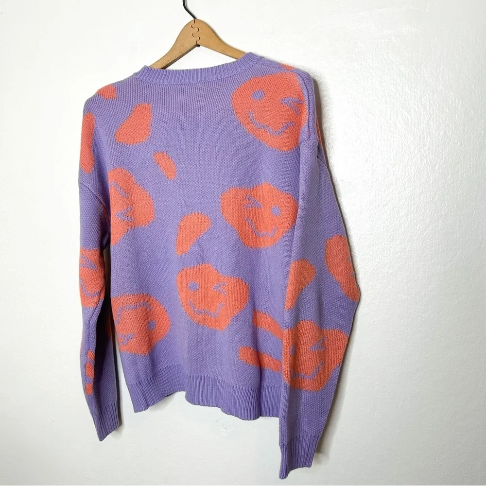 SHEIN Smiley Face‎ Emoji Pastel Purple Knit Crew Neck Sweater Medium M